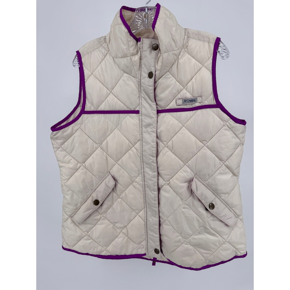 Columbia PFG Quilted Vest Womens Large Full Zip Sleeveless Top Off White  Purple